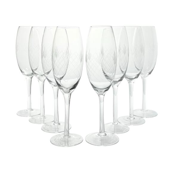 1940s Set of 8 Etched Glass Champagne Wine All Purpose Glasses 10” 14oz Fan Cuts